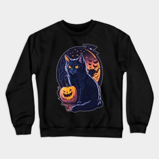 Halloween Black Cat with Pumpkin - Retro Meowloween Crewneck Sweatshirt